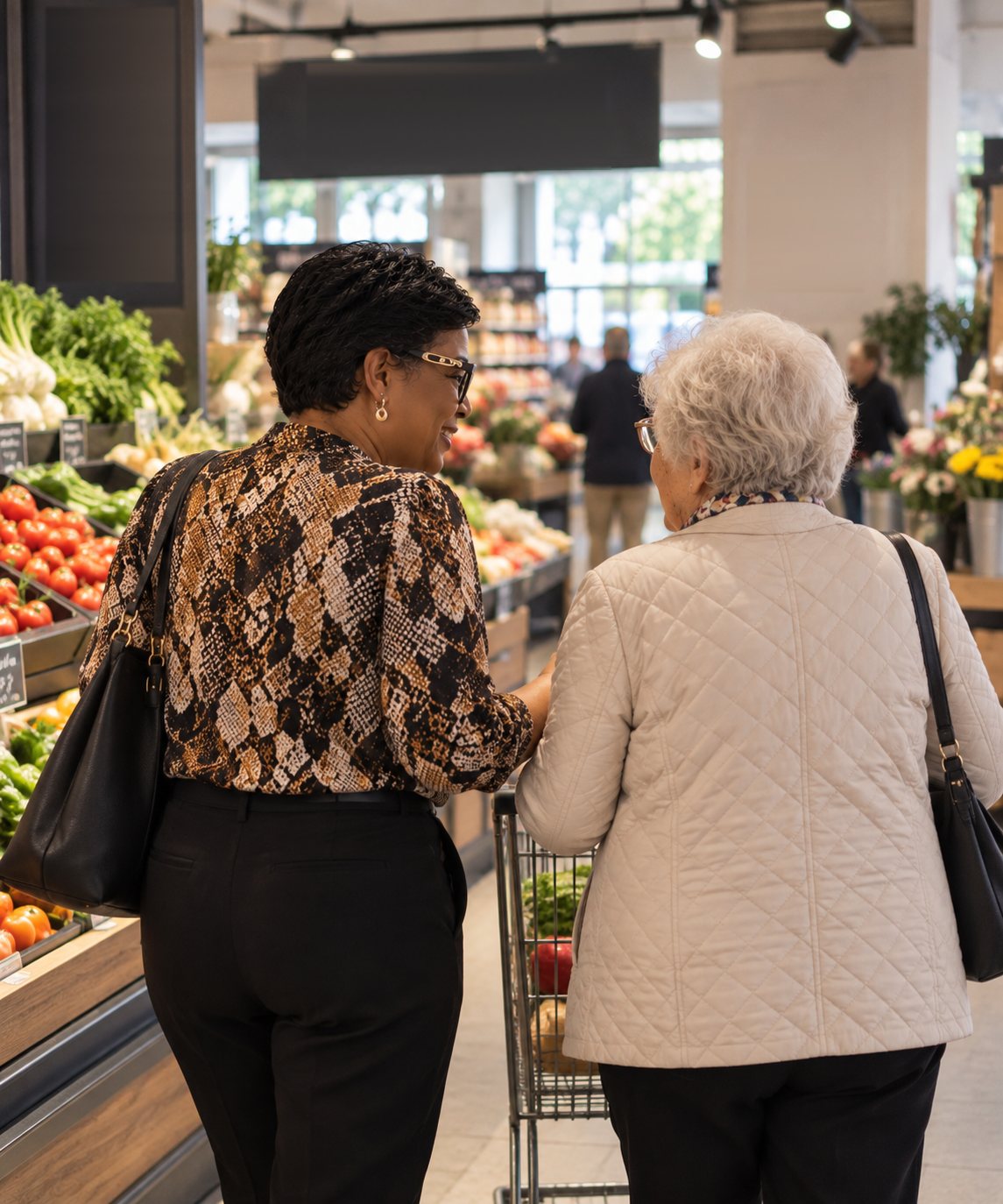 Sonia et une dame âgée, vues de dos, bras dessus bras dessous dans le rayon fruits et légumes d'un magasin.