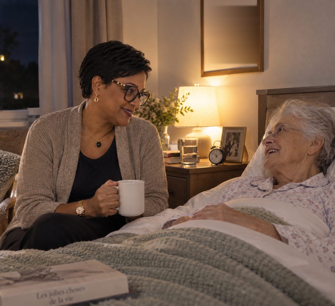 Le soir, dans une chambre éclairée par une lampe de chevet, Sonia boit un thé assise près du lit d'une dame âgée qui lui sourit.